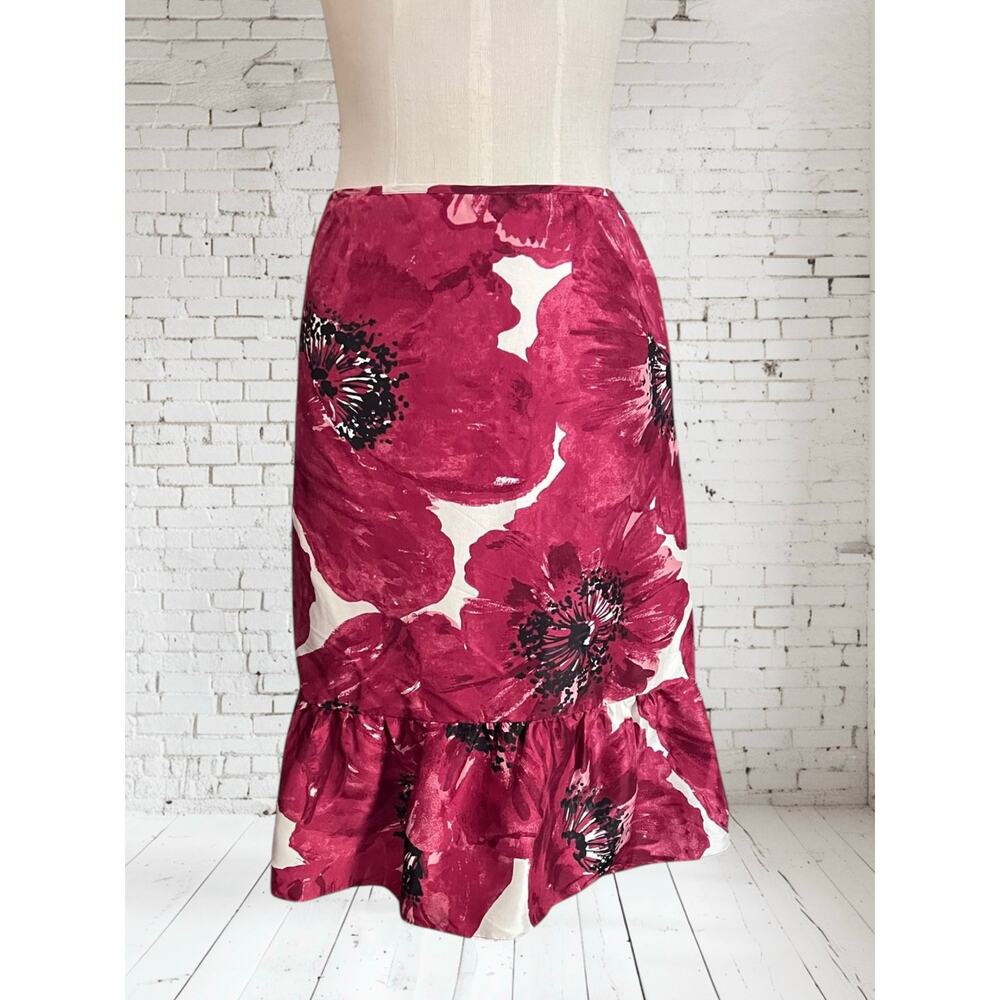 Ann Taylor Dressy 100% Silk Floral Ruffle Knee Length Office Skirt Size 4